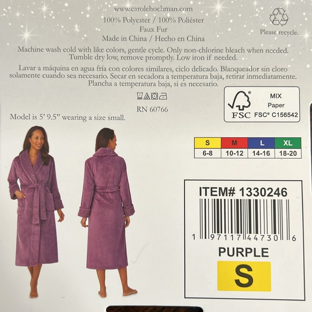 New! CAROLE HOCHMAN Plush Robe Purple (Berry) Sz Small 6-8 Pockets Soft NWT - Picture 8 of 13